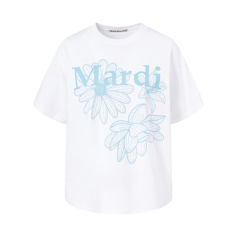 Футболка MARDI MERCREDI Three Flowers Collection SS25 T Рубашка Женская Белая Далекие Небесные Лазурь Корейский стиль - изображение 1