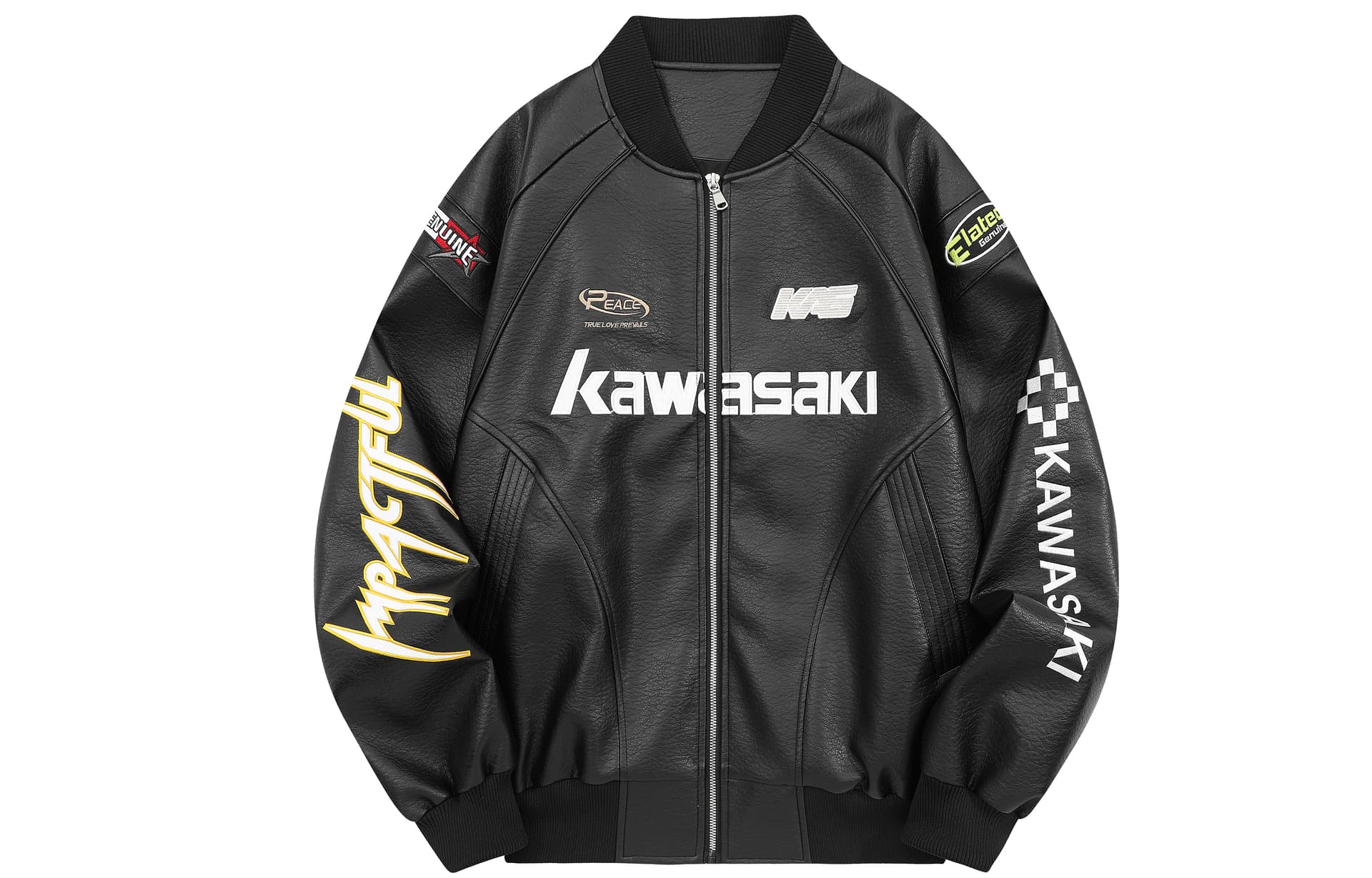 Куртка Kawasaki Американский винтаж роскошная уличная мода пилот повседневный универсальный деконструкция стиль Майярд ветрозащитный и водонепроницаемый бейсбольный воротник городской техвир модный атмосфера экстра свободный кожаная куртка унисекс - изображение 1
