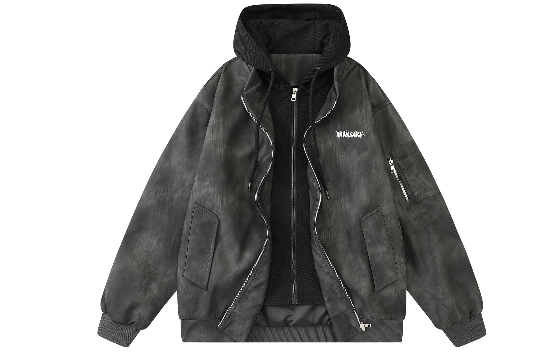 Куртка Kawasaki x Кавасаки Американский винтаж Люксовая уличная мода Состаренный Тай-дай Буква Экстра свободный Повседневный Универсальный Спущенное плечо PU кожа Шнурок Имитация двухслойности С капюшоном Летная куртка Унисекс - изображение 1