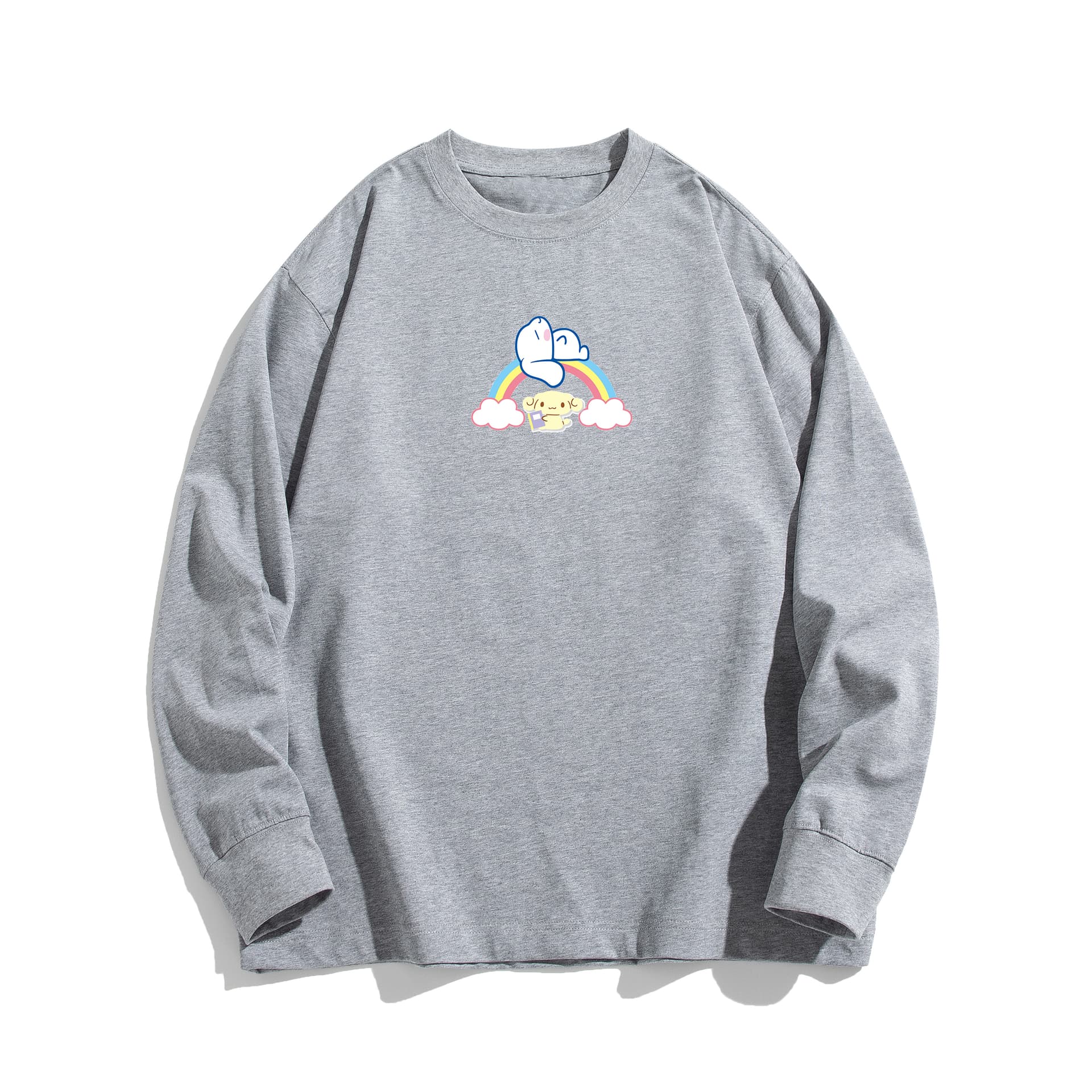 Футболка Sanrio x Cinnamoroll Базовая рубашка с мультяшным радужным принтом, минималистичный плотный круглый вырез, 100% хлопок, свободный покрой, парный преппи стиль, модный универсальный спущенное плечо, длинный рукав, унисекс - изображение 1