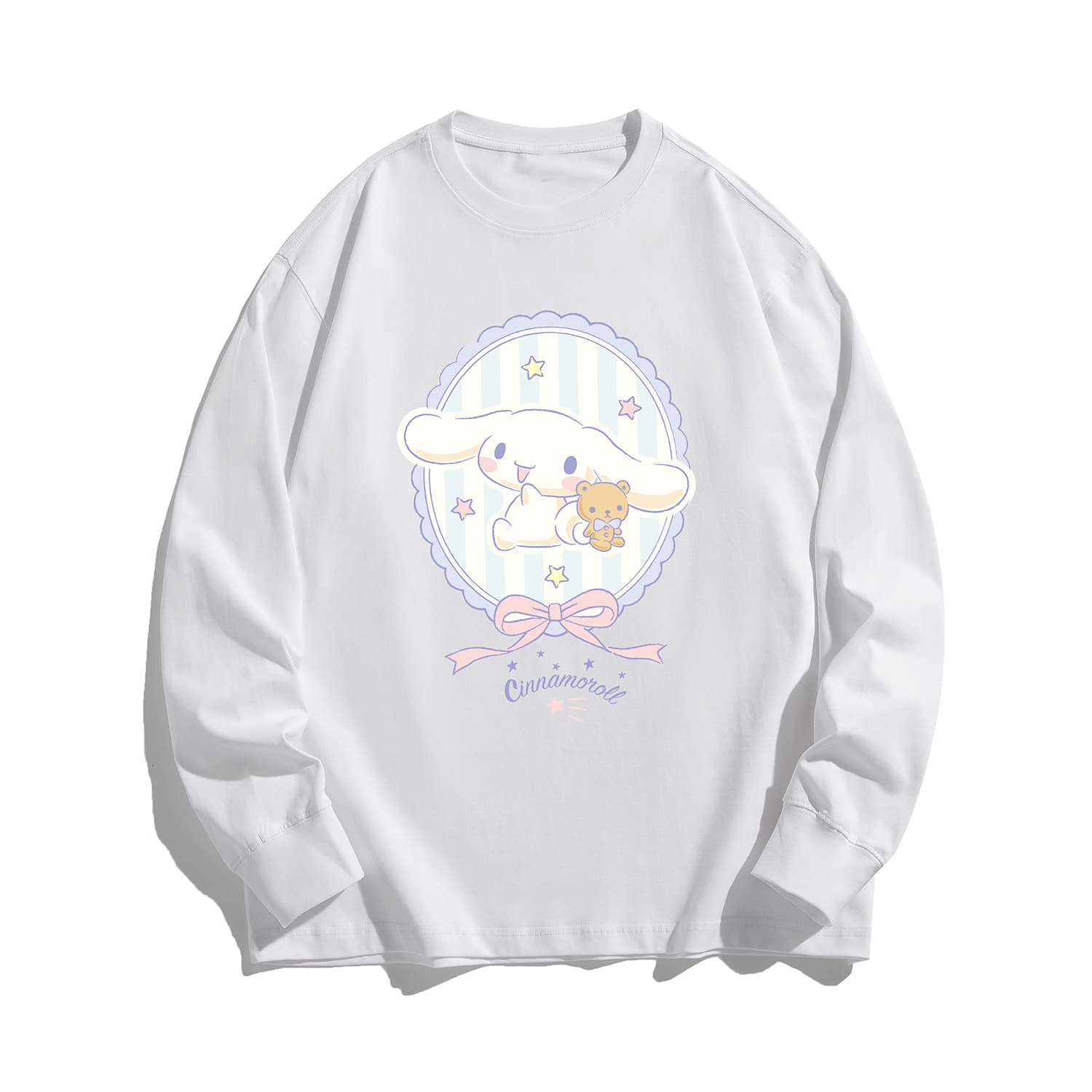 Футболка Sanrio x CINNAMOROLL Совместная коллекция Милый мультяшный американский плотный 100% хлопок дышащий модный удобный свободный спущенное плечо повседневный парный универсальный круглый вырез пуловер длинный рукав футболка унисекс - изображение 1