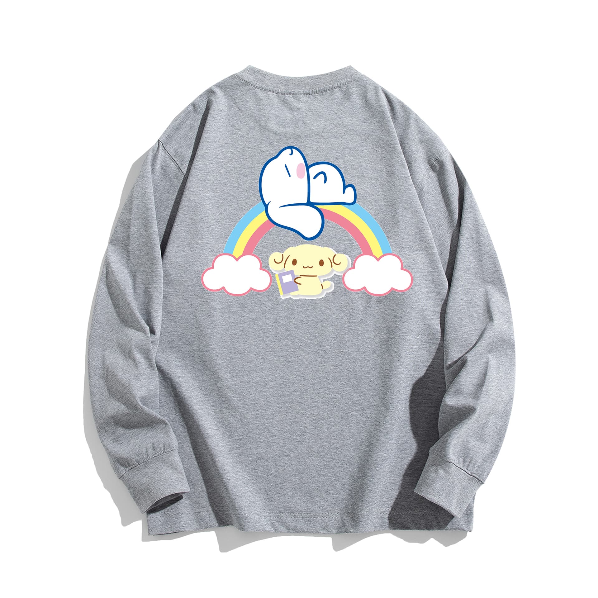 Футболка Sanrio x Cinnamoroll Базовая рубашка с мультяшным радужным принтом, минималистичный плотный круглый вырез, 100% хлопок, свободный покрой, парный преппи стиль, модный универсальный спущенное плечо, длинный рукав, унисекс - изображение 2