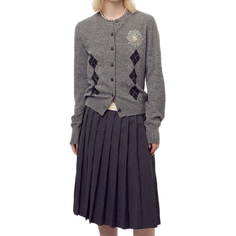 Кофта MARDI MERCREDI Fw25 Плюшевый круглый узор смешанный кардиган круглый вырез аргайл серый кремовый трикотаж женский - изображение 1