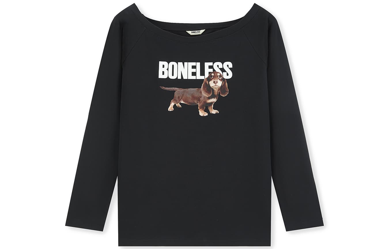 Футболка BONELESS Длиннорукавный топ с принтом таксы и асимметричным плечом Универсальный черный - изображение 1
