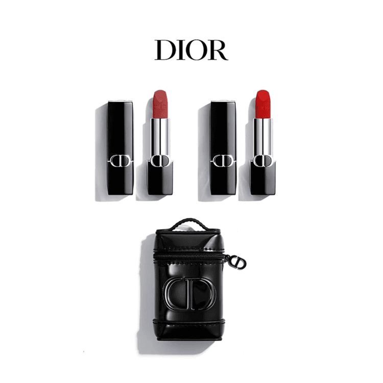 DIOR Ярко-синий золотой набор помад Duo + Черный премиум косметичка для макияжа Наборы косметики Бархат - изображение 2