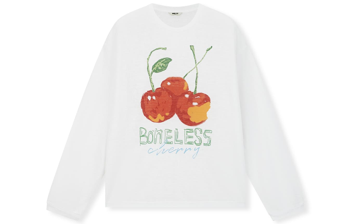 Футболка BONELESS Длиннорукавный топ с принтом вишни и граффити, свободный, эластичный, дышащий, женский - изображение 1