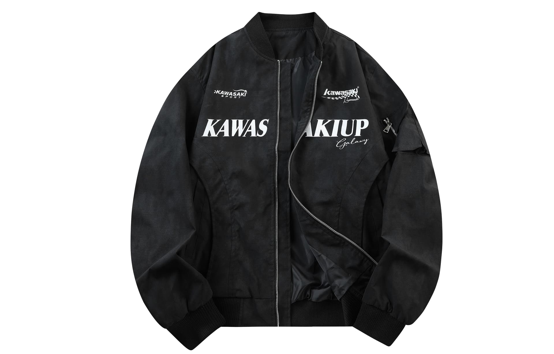 Куртка Kawasaki Американский винтаж Тай-дай Роскошная уличная мода Модный Дизайнерский Принт с буквами Экстра свободный Повседневный Универсальный Преппи стиль Премиум Атмосфера Бейсбольный воротник Длинный рукав Спущенное плечо Унисекс куртка - изображение 1