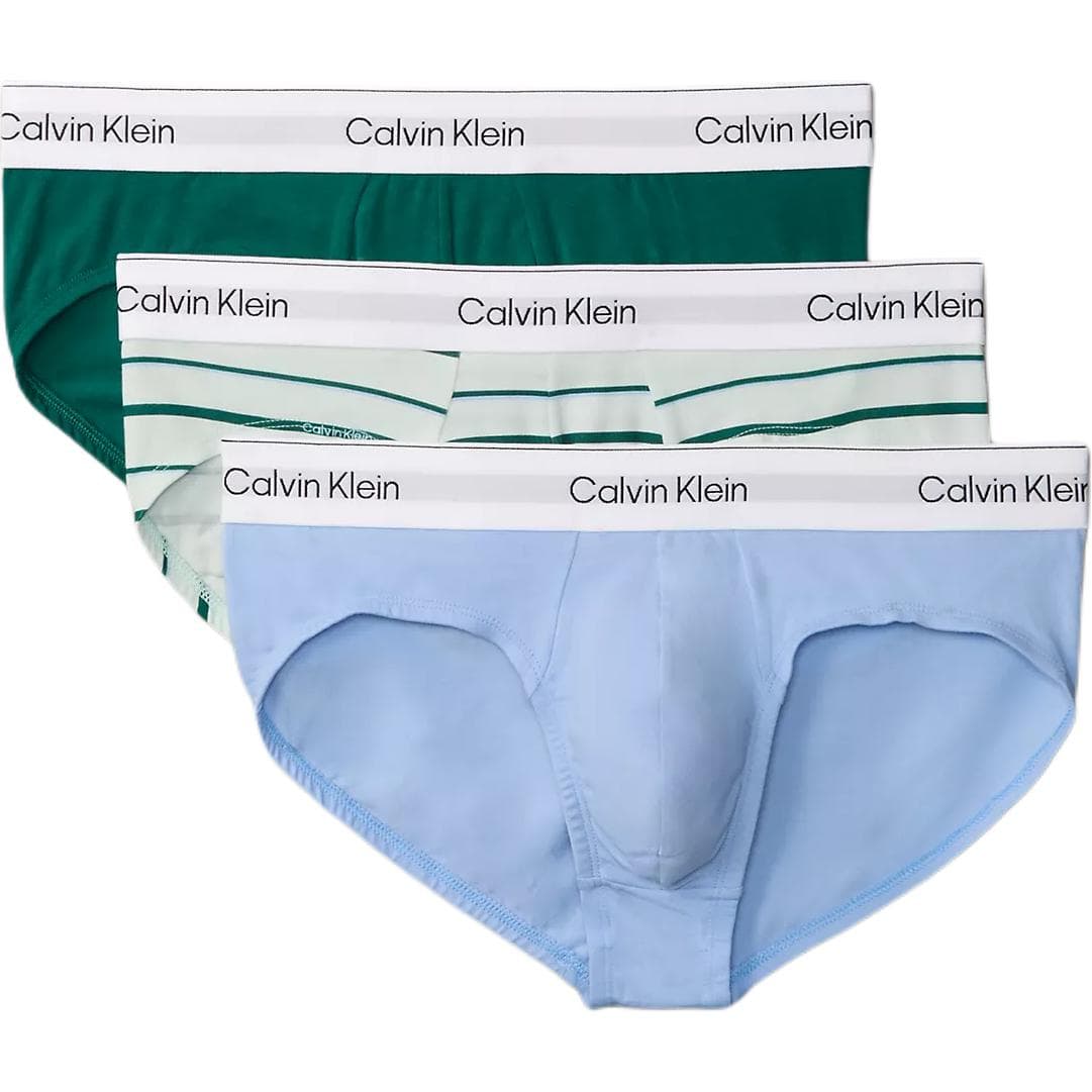 Трусы Calvin Klein 3 пачки (Темно-зеленый + Светло-зеленый с полосами + Синий) Мужские трусы-бикини - изображение 1