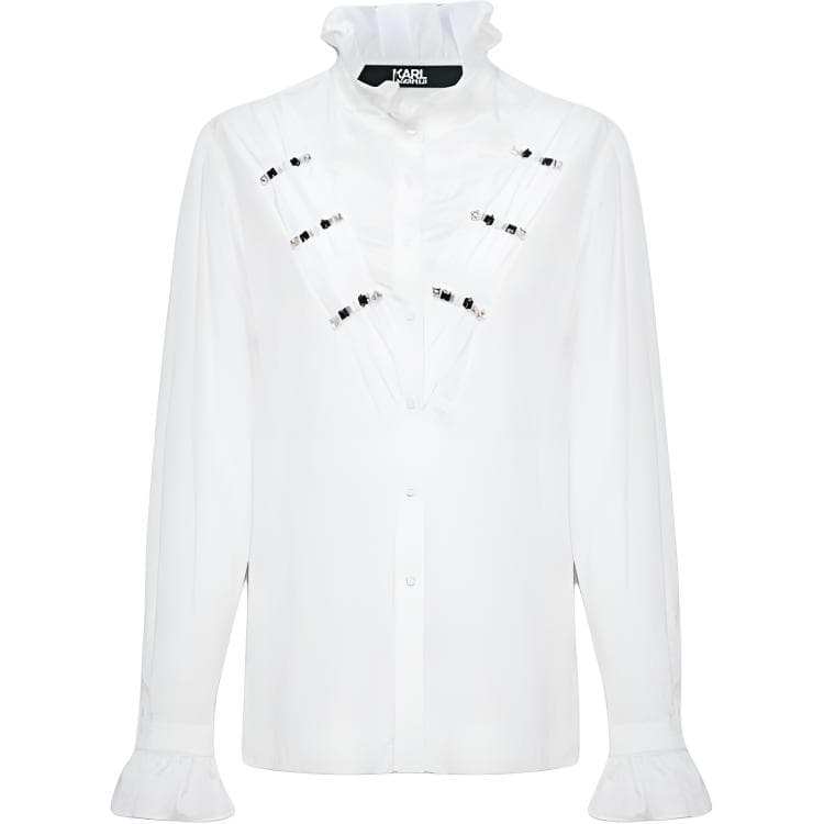 Блузка KARL LAGERFELD / Karl Lagerfeld Jeans Стиль Шанель Роскошь Премиум-графитовый черный Коммутирование Однотонный блузка с длинными рукавами и кружевным воротником - изображение 1