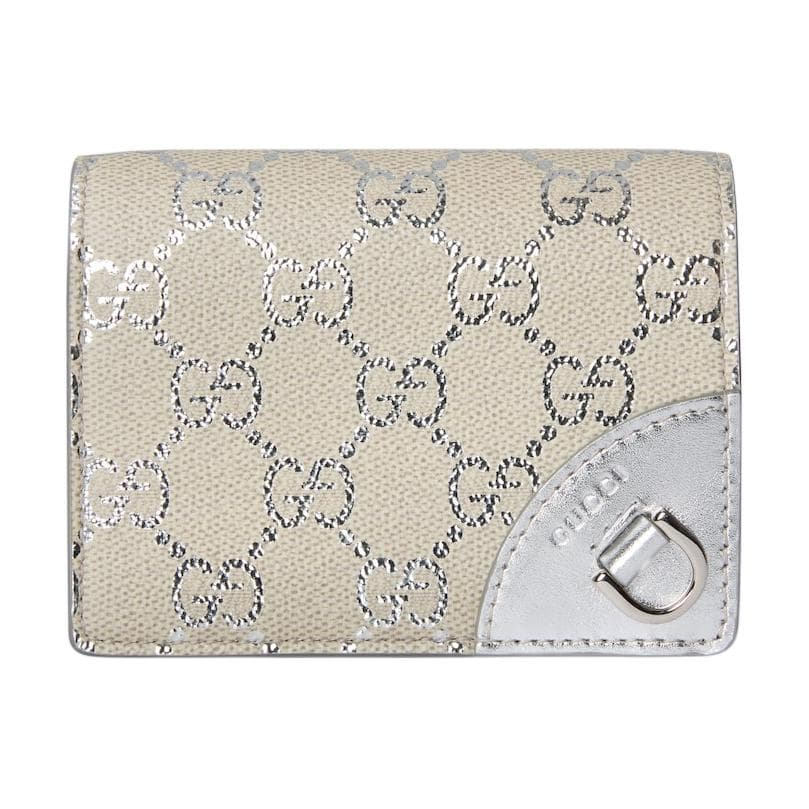 Кошелек GUCCI GG Emblem Покрытие Текстиль Кожа Кошелек Маленький Женский Бежевый и Серебряный - изображение 1