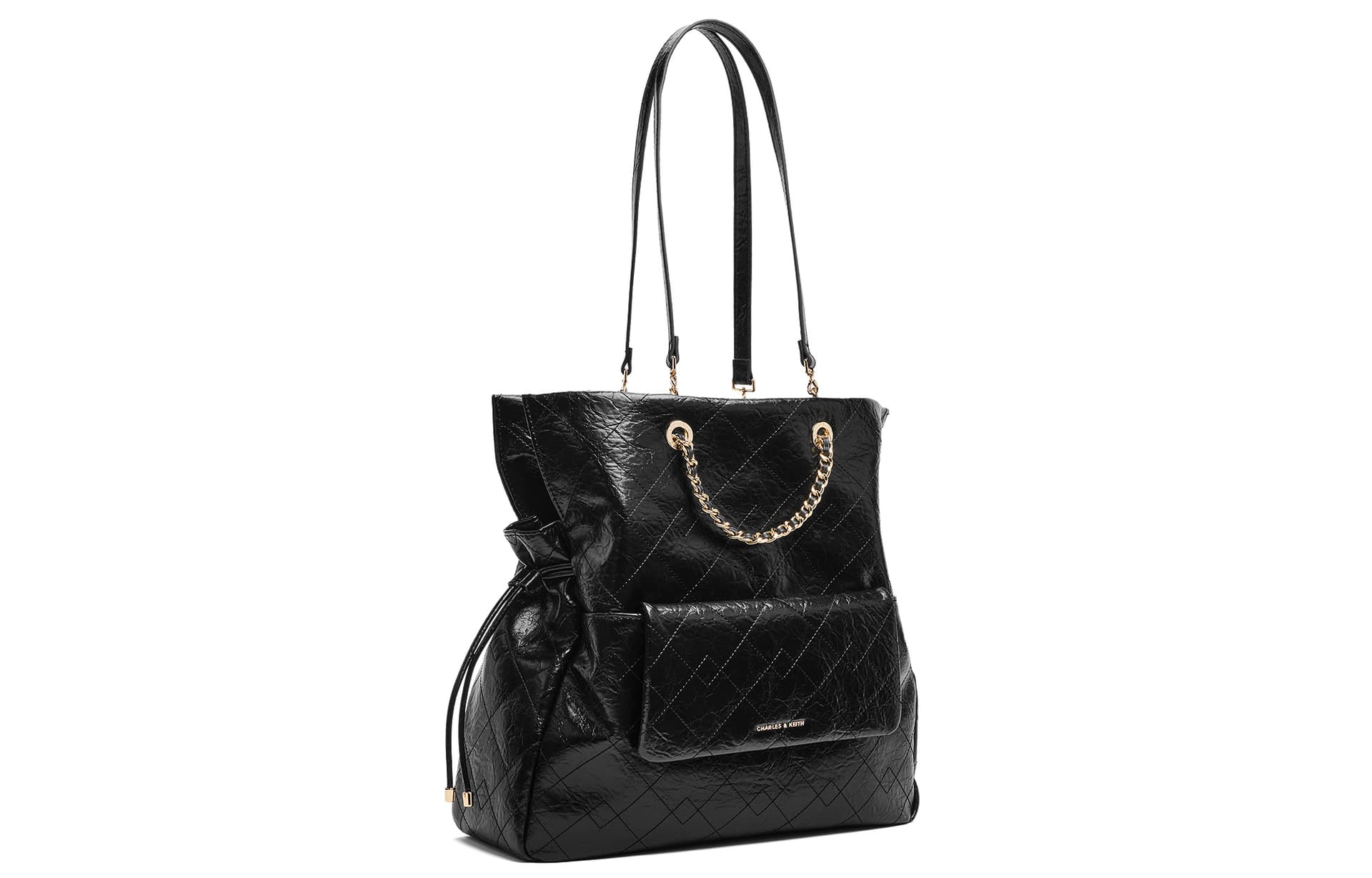 Рюкзак CHARLES&KEITH Летний Привлекательный Рюкзак С Ромбовидным Узором И Шнурком PU Сумки Через Плечо Большой Женский Черный/Кремово-молочный Белый - изображение 2