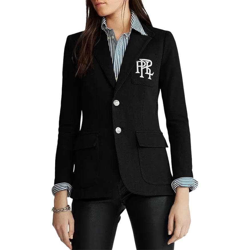Polo Ralph Lauren Хлопковый однобортный пиджак с длинным рукавом и вышитыми буквами, женский, черный - изображение 2