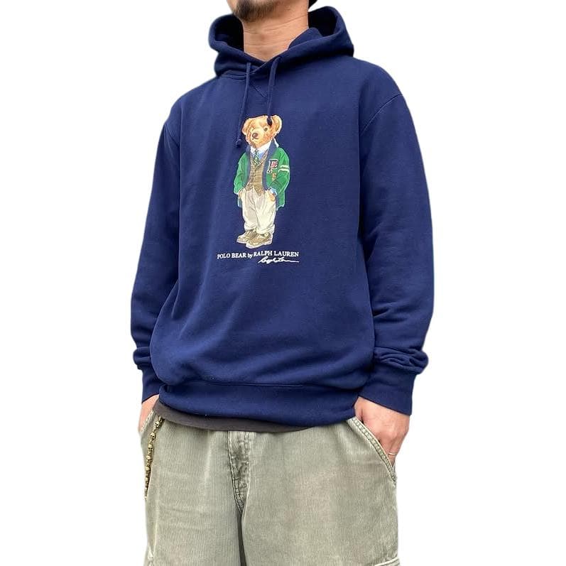 Худи Polo Ralph Lauren SS23 Медведь Узор С флисовой подкладкой С капюшоном Длинный рукав Толстовка Мужской Морской синий - изображение 3