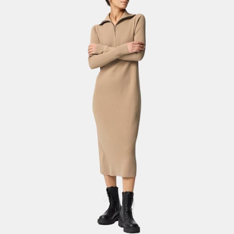 Платье UNIQLO Длинное платье с длинными рукавами женское темно-бежевый - изображение 2