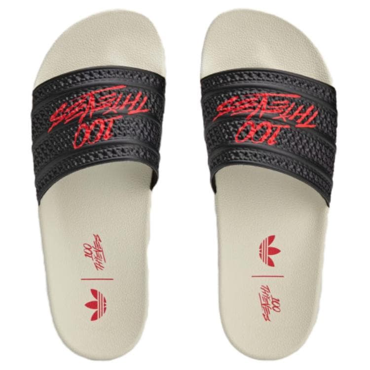 Сандалии Adidas Originals x 100 Thieves Adilette противоскользящие устойчивые к истиранию шлепанцы унисекс черные красные - изображение 4