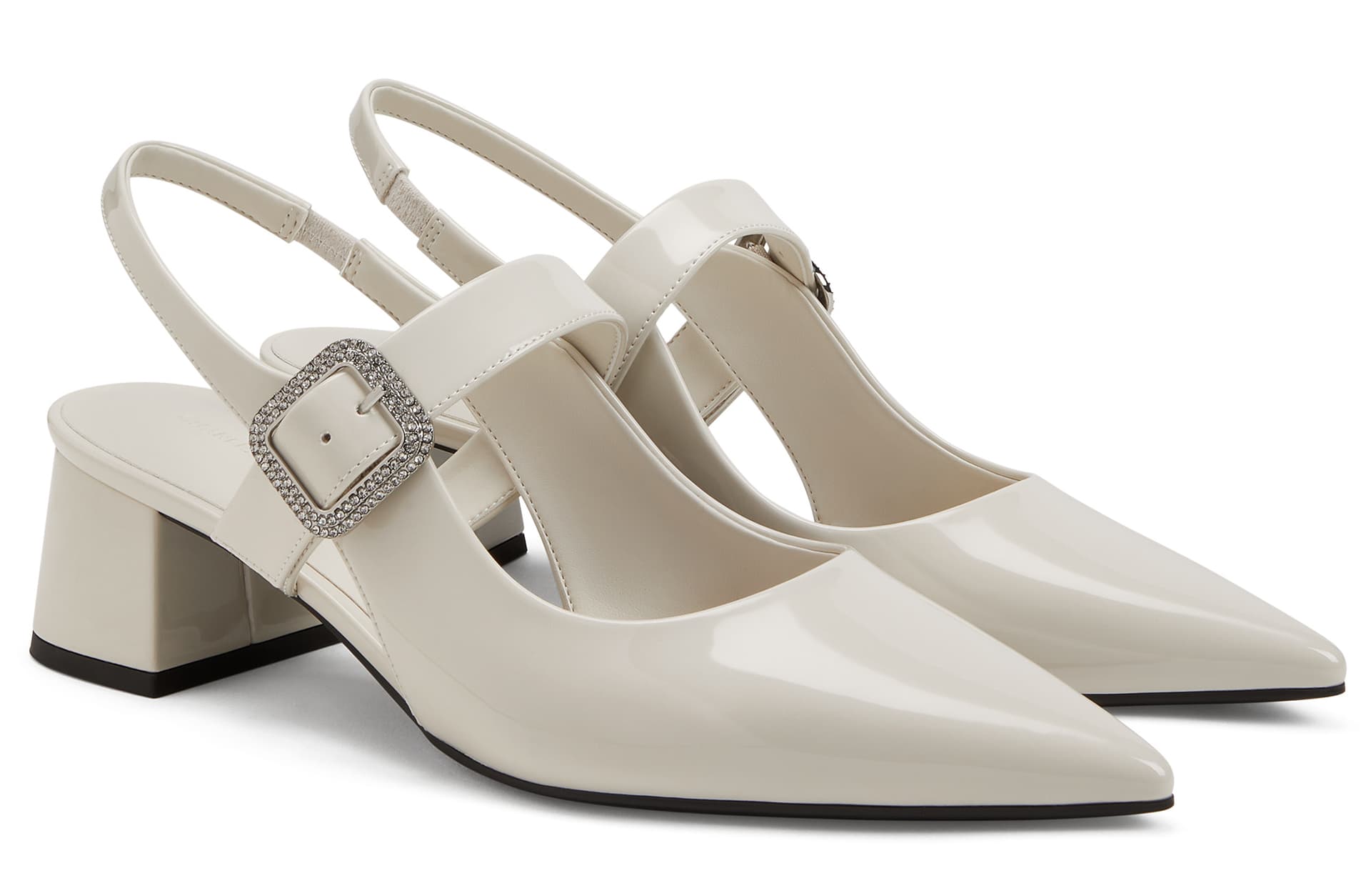 Туфли CHARLES&KEITH PU туфли-лодочки с квадратной пряжкой и стразами, грубый каблук 5,3 см, мел белый - изображение 2