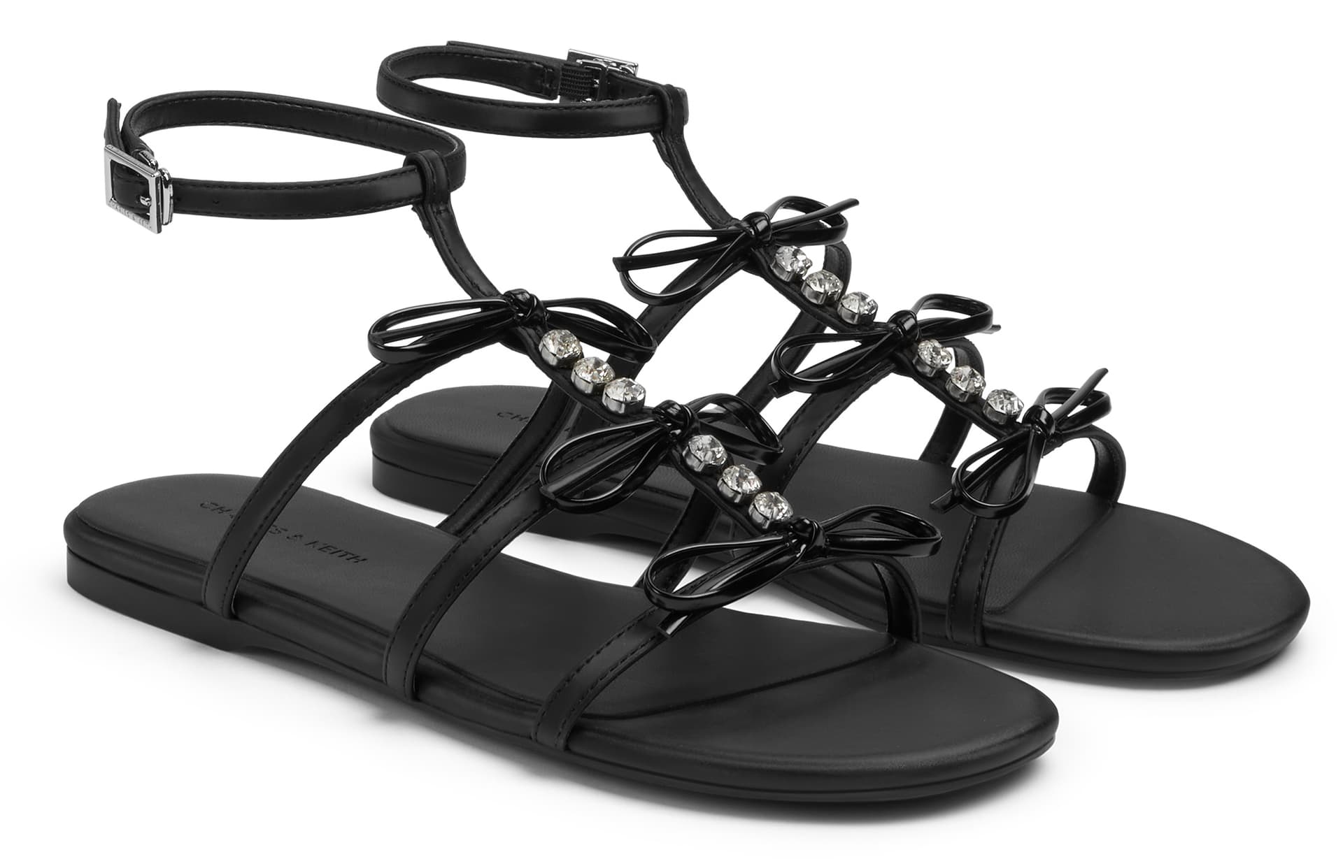 Шлёпанцы CHARLES&KEITH PU сандалии с бантом и стразами на плоской подошве в гладиаторском стиле 1,5 см женские - изображение 4