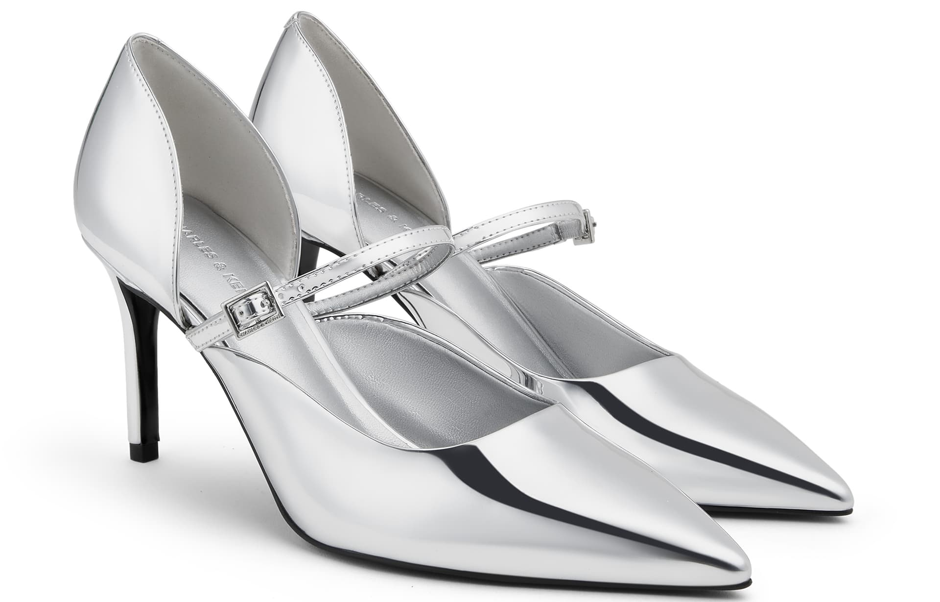Туфли CHARLES&KEITH Женские туфли на узком каблуке 8,1 см с заостренным носком и ремешком, серебристые - изображение 2