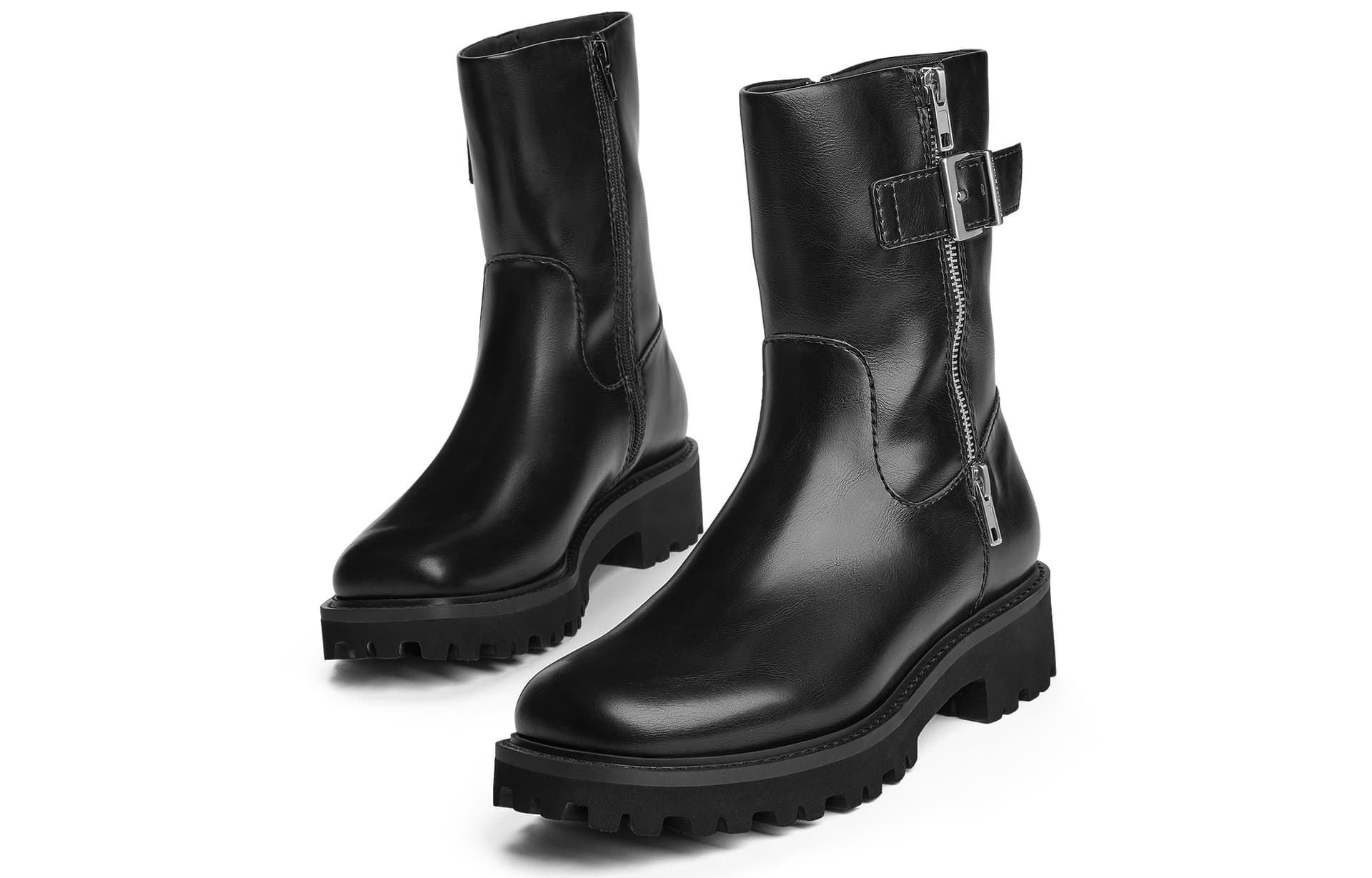 Ботинки CHARLES&KEITH Женские высокие ботинки на платформе 4,2 см с круглым носком, молнией и пряжкой в байкерском стиле - изображение 3
