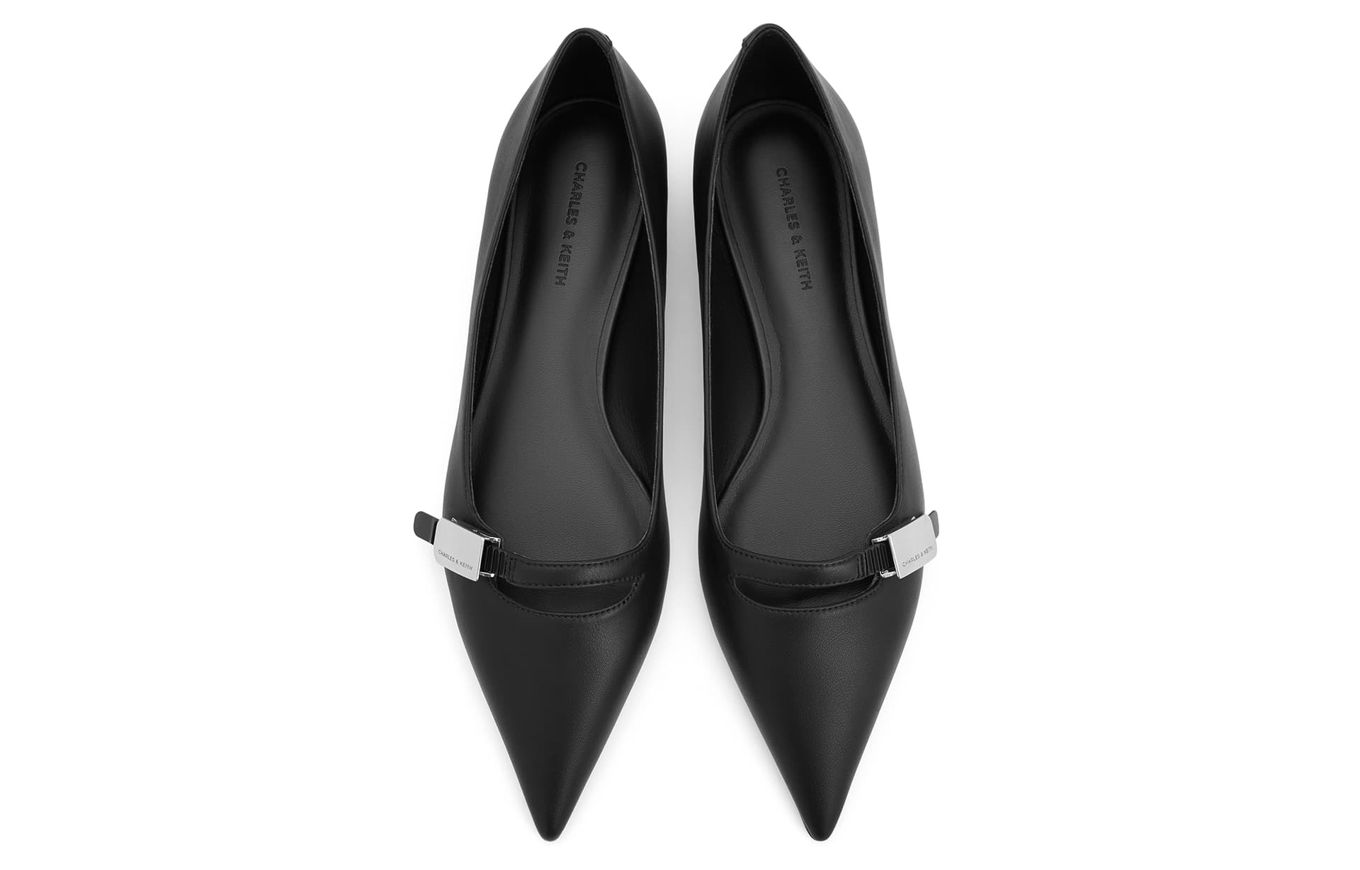 Тапочки CHARLES&KEITH Женские повседневные туфли балетки с металлической пряжкой и заостренным носком на плоской подошве 2,5 см Black/Темно-серый - изображение 3