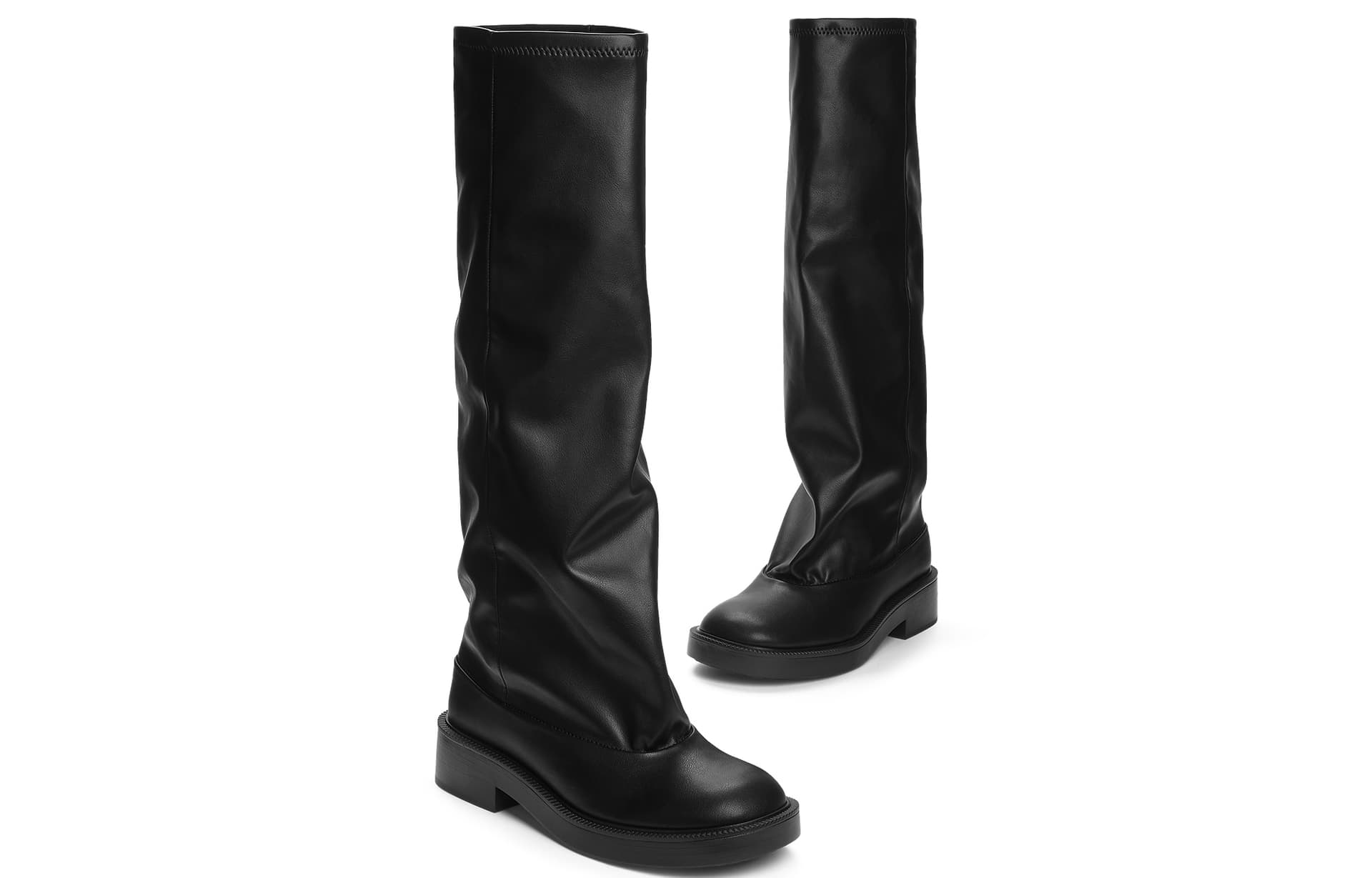 Ботинки CHARLES&KEITH PU высокие сапоги с круглым носком и грубым каблуком 4см женские Черный - изображение 3