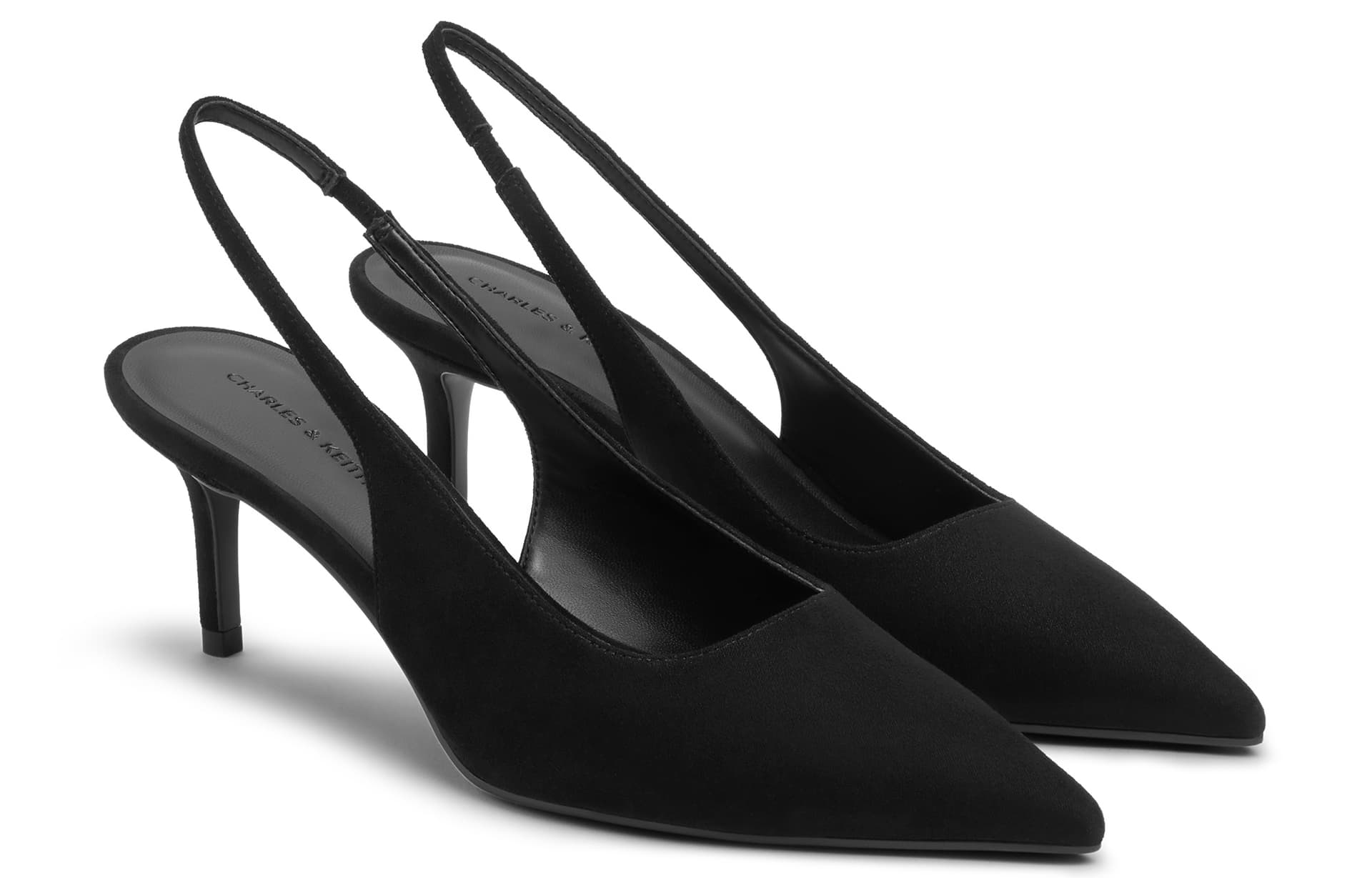 Туфли CHARLES&KEITH Женские босоножки на узком каблуке 7,2 см с открытой пяткой и заостренным носком из текстурированной ткани черного цвета - изображение 2