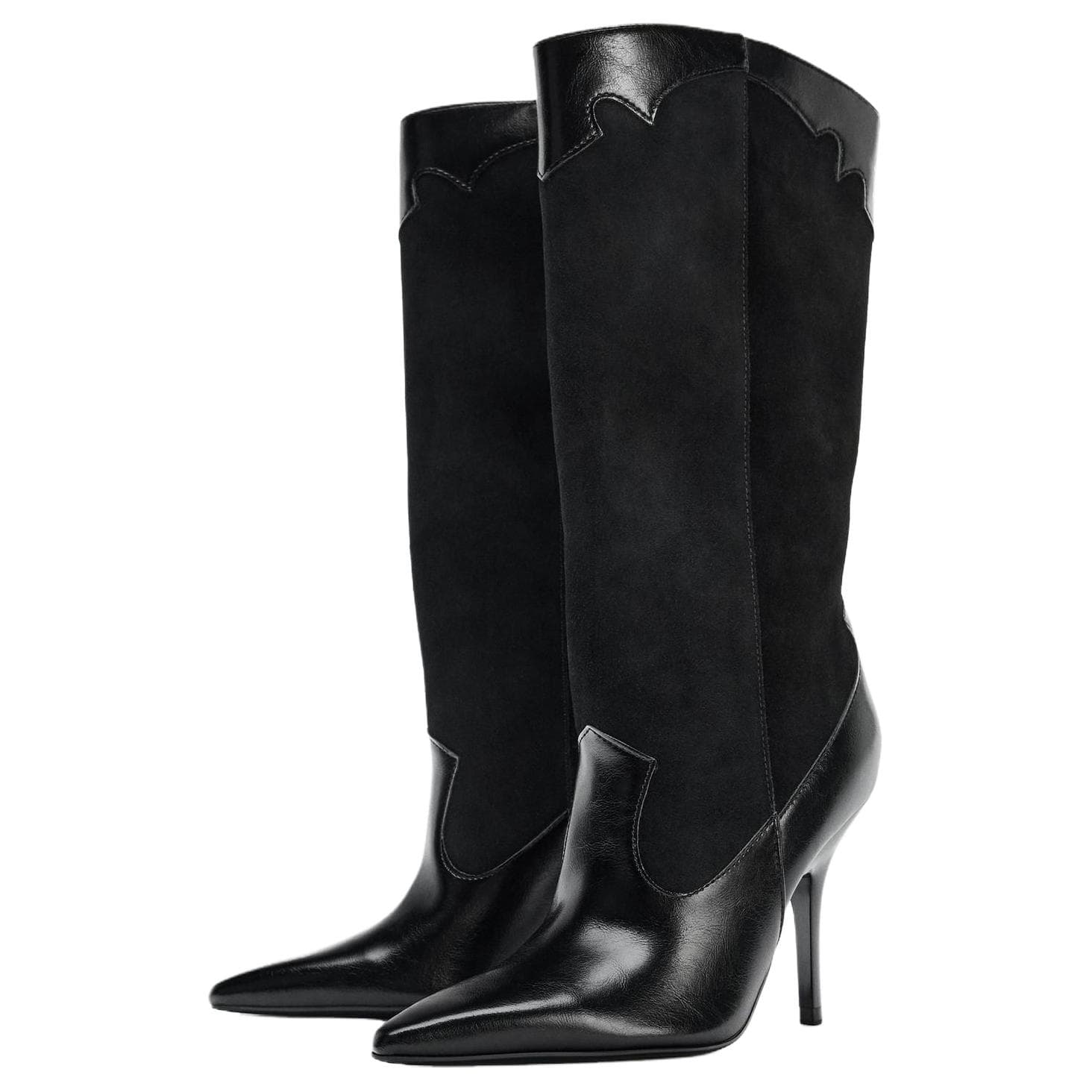 Ботинки ZARA Коровья кожа Высокие сапоги до колена 9 см Женские Черные - изображение 3