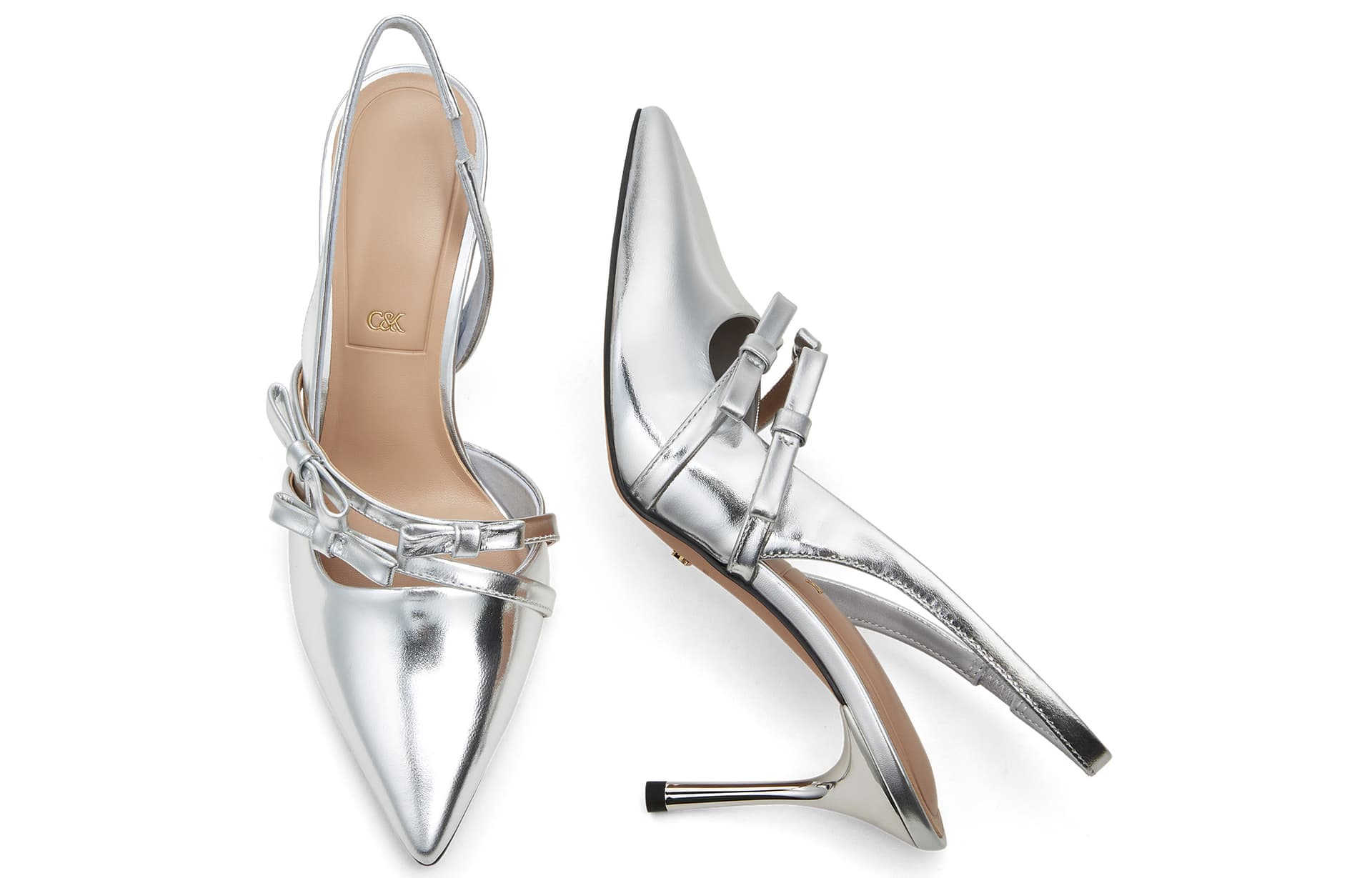 Шлёпанцы CHARLES&KEITH Сандалии на высоком каблуке (8 см) с бантом и заостренным носком из овечьей кожи и сатина, серебристые - изображение 3