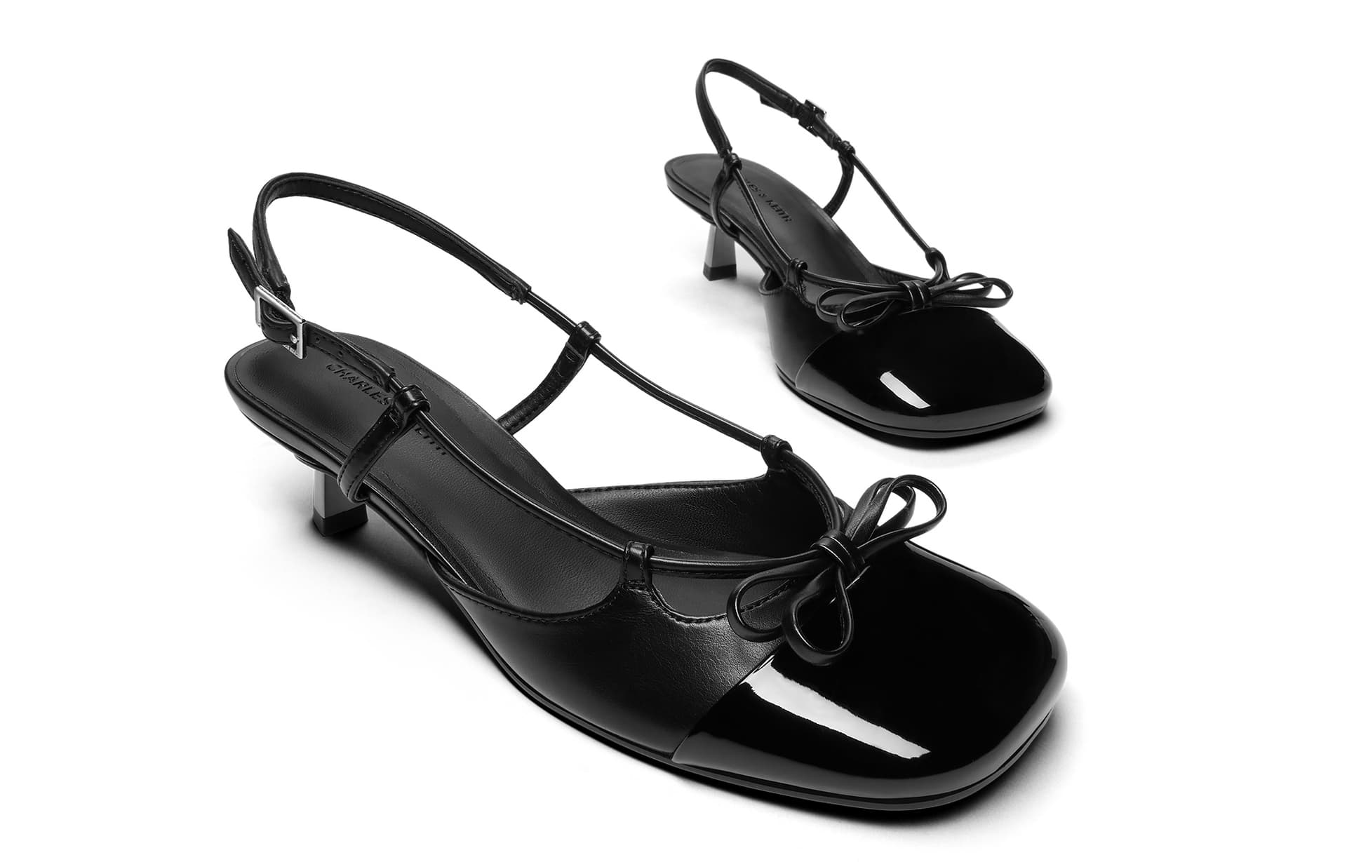 Туфли CHARLES&KEITH Бант новый китайский стиль PU красный анкора квадратный носок минималистичный удобный узкий каблук высокие каблуки 4,8 см женский Black Patent черный/Burgundy бордовый - изображение 3