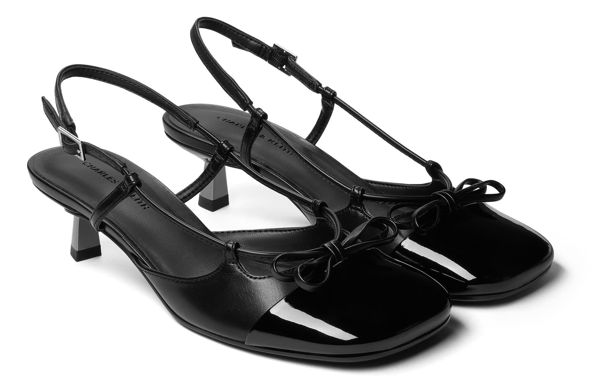 Туфли CHARLES&KEITH Бант новый китайский стиль PU красный анкора квадратный носок минималистичный удобный узкий каблук высокие каблуки 4,8 см женский Black Patent черный/Burgundy бордовый - изображение 2