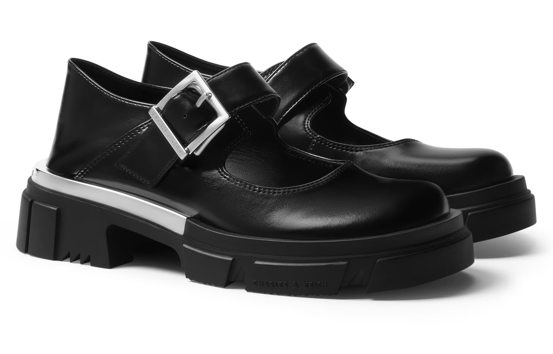 Тапочки CHARLES&KEITH Готические туфли Мэри Джейн на платформе с круглым носком и металлическими вставками из PU, женские повседневные туфли, высота каблука 4,6 см, цвет черный/мел белый - изображение 2