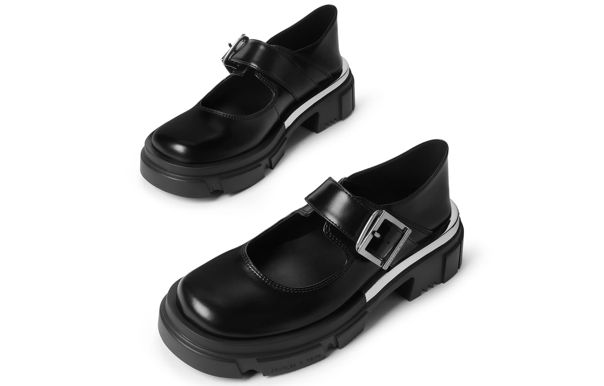 Тапочки CHARLES&KEITH Готические туфли Мэри Джейн на платформе с круглым носком и металлическими вставками из PU, женские повседневные туфли, высота каблука 4,6 см, цвет черный/мел белый - изображение 3
