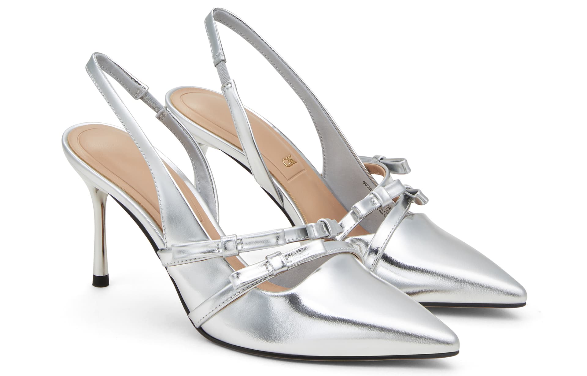 Шлёпанцы CHARLES&KEITH Сандалии на высоком каблуке (8 см) с бантом и заостренным носком из овечьей кожи и сатина, серебристые - изображение 2