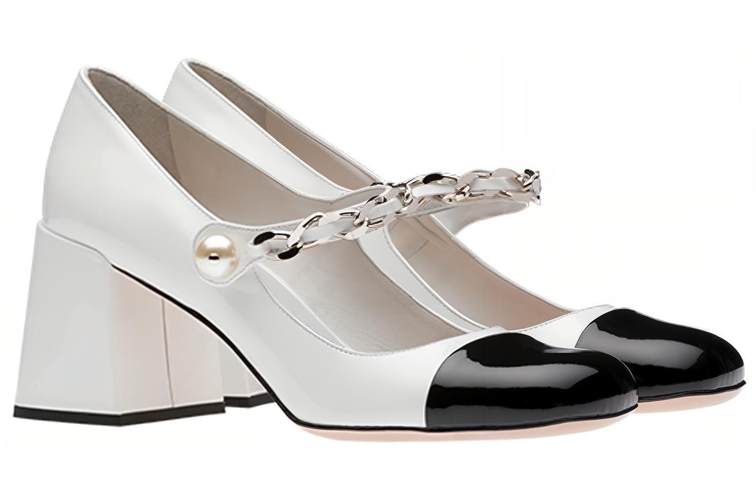 Туфли Miu Miu Patent Pearl Chain Heel White Black 6.5cm 2023 - изображение 3