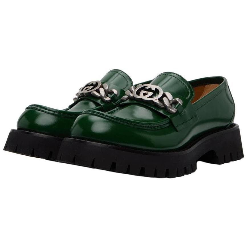 Лоферы GUCCI INTERLOCKING кожаные лоферы мужские зеленые черные - изображение 4