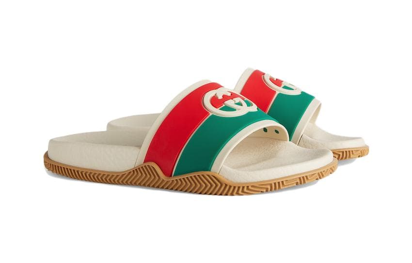 GUCCI INTERLOCKING Резиновые слайд-тапочки Бежево-зеленый Красный для детей 3-7 лет - изображение 3