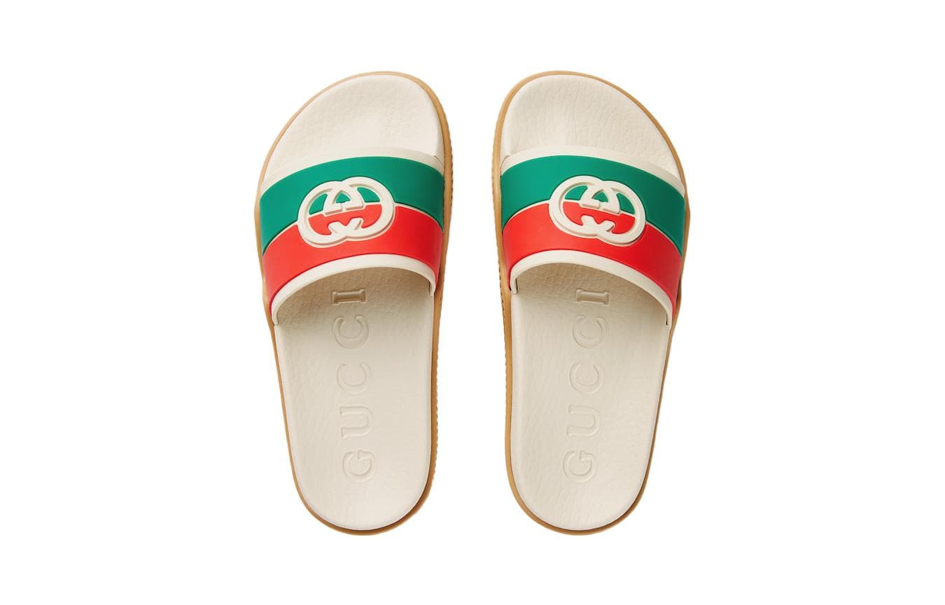 GUCCI INTERLOCKING Резиновые слайд-тапочки Бежево-зеленый Красный для детей 3-7 лет - изображение 2