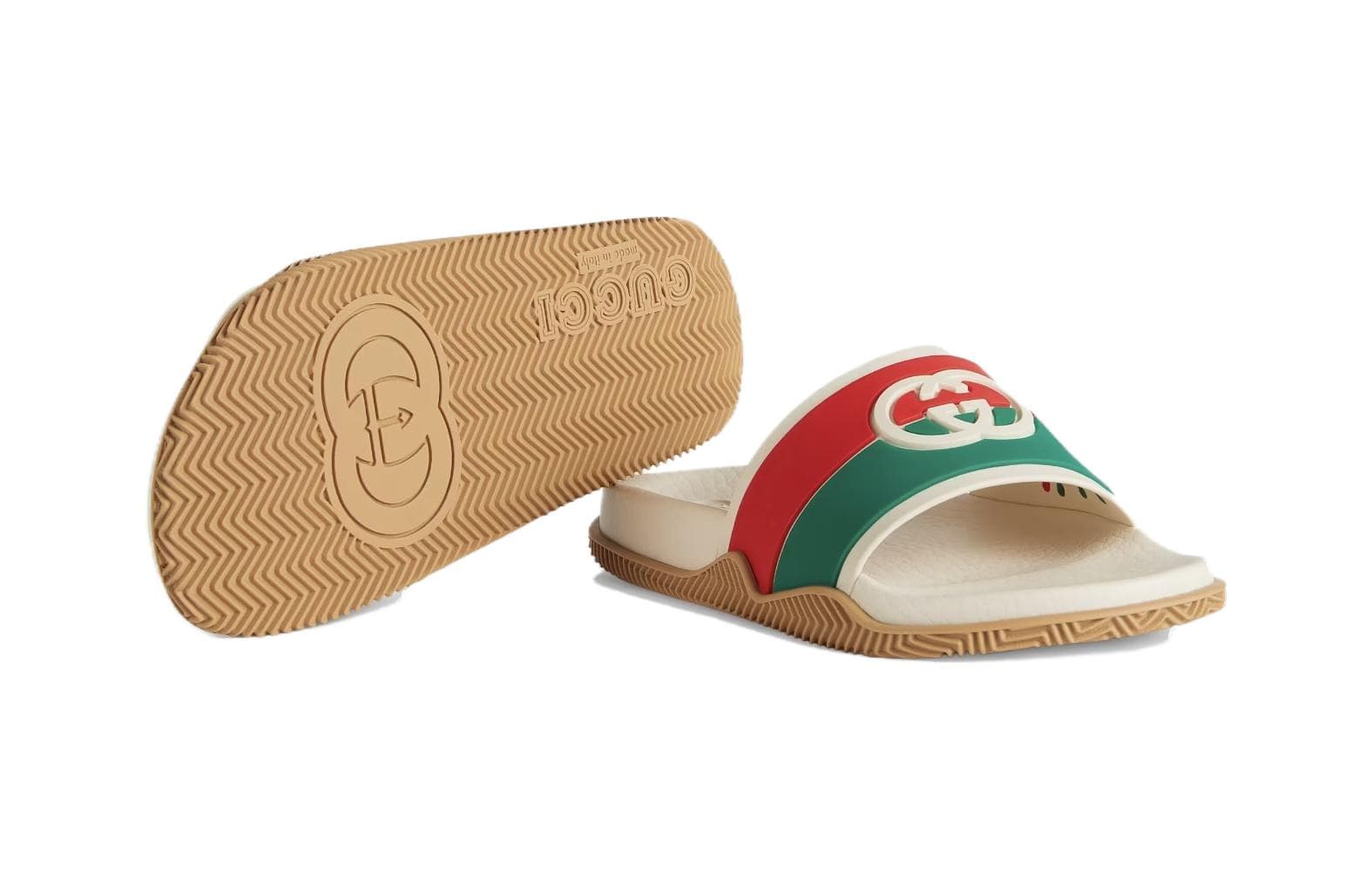 GUCCI INTERLOCKING Резиновые слайд-тапочки Бежево-зеленый Красный для детей 3-7 лет - изображение 5