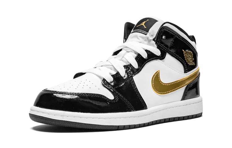 Кроссовки для баскетбола BP Air Jordan 1 Mid Patent Black White Gold - изображение 3