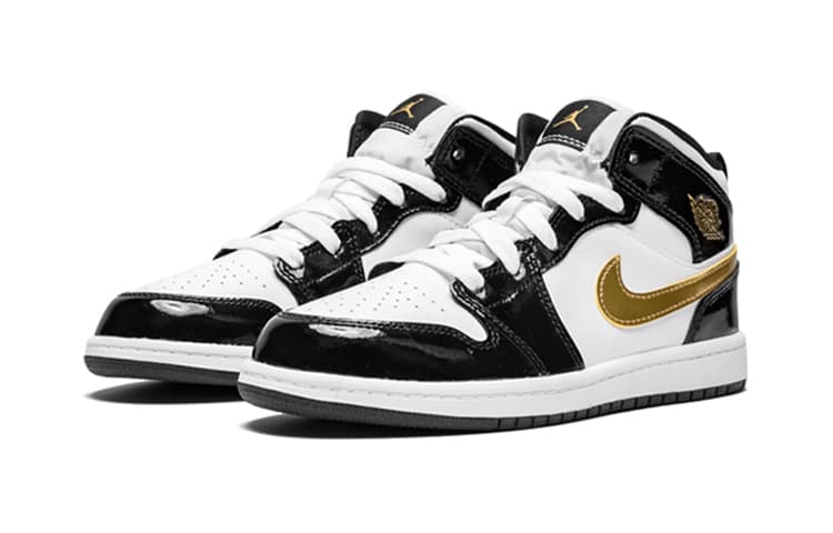 Кроссовки для баскетбола BP Air Jordan 1 Mid Patent Black White Gold - изображение 4