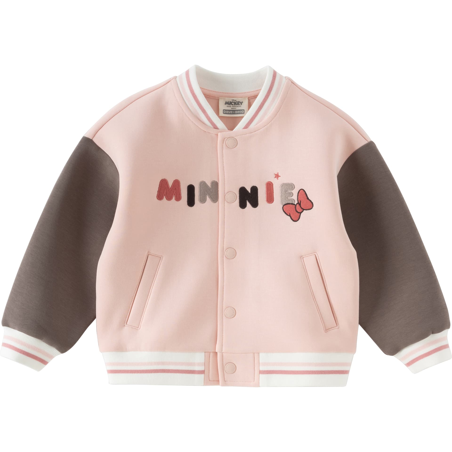 DAVE&BELLA x Disney Совместная коллекция жакет с вышивкой мультяшных персонажей, свободный покрой, цветовой блок, милый и симпатичный, американский стиль, бейсбольный воротник, универсальный - изображение 1