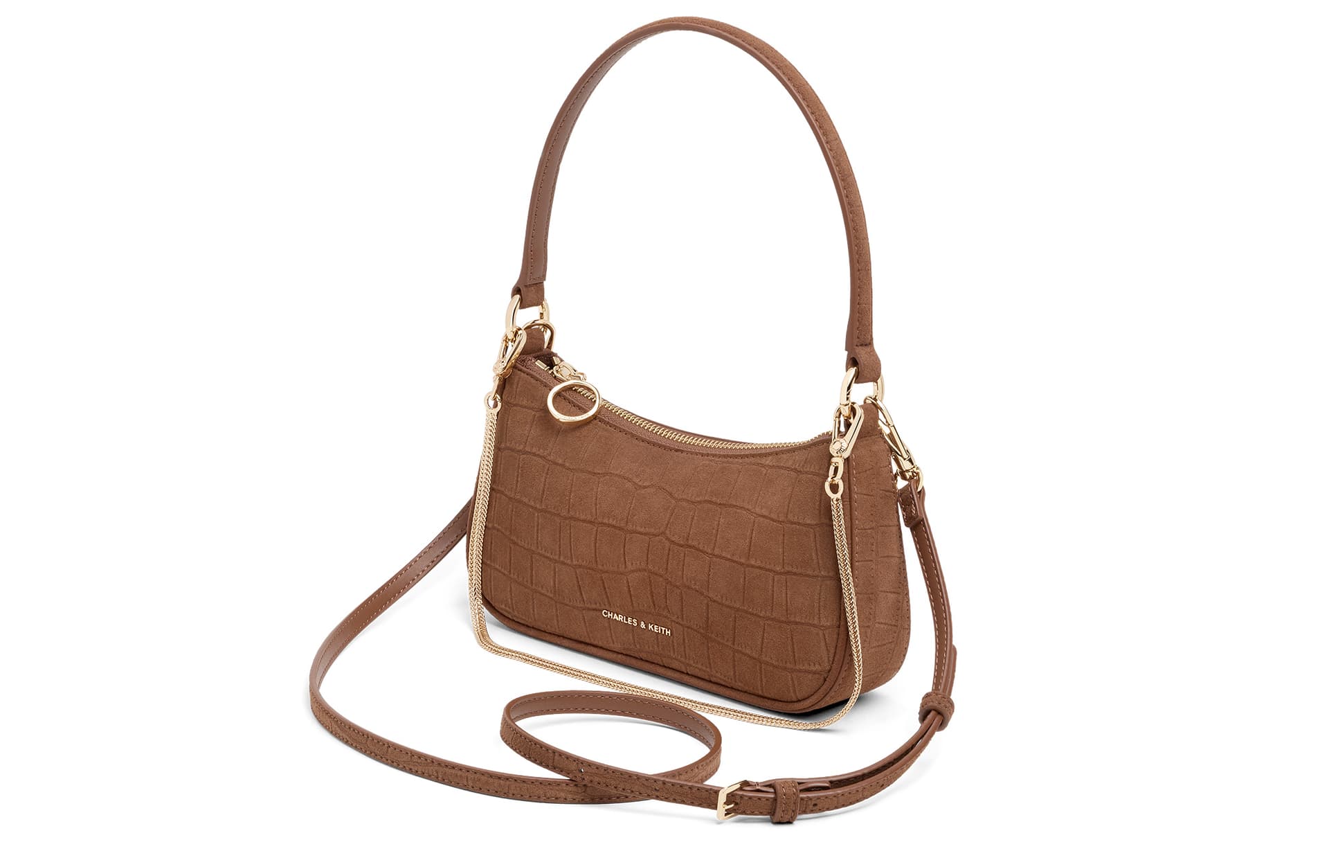 Мини-сумка CHARLES&KEITH Сумка на плечо из искусственной кожи с крокодиловым узором, маленький размер, женская, цвет шоколад/розовый - изображение 3