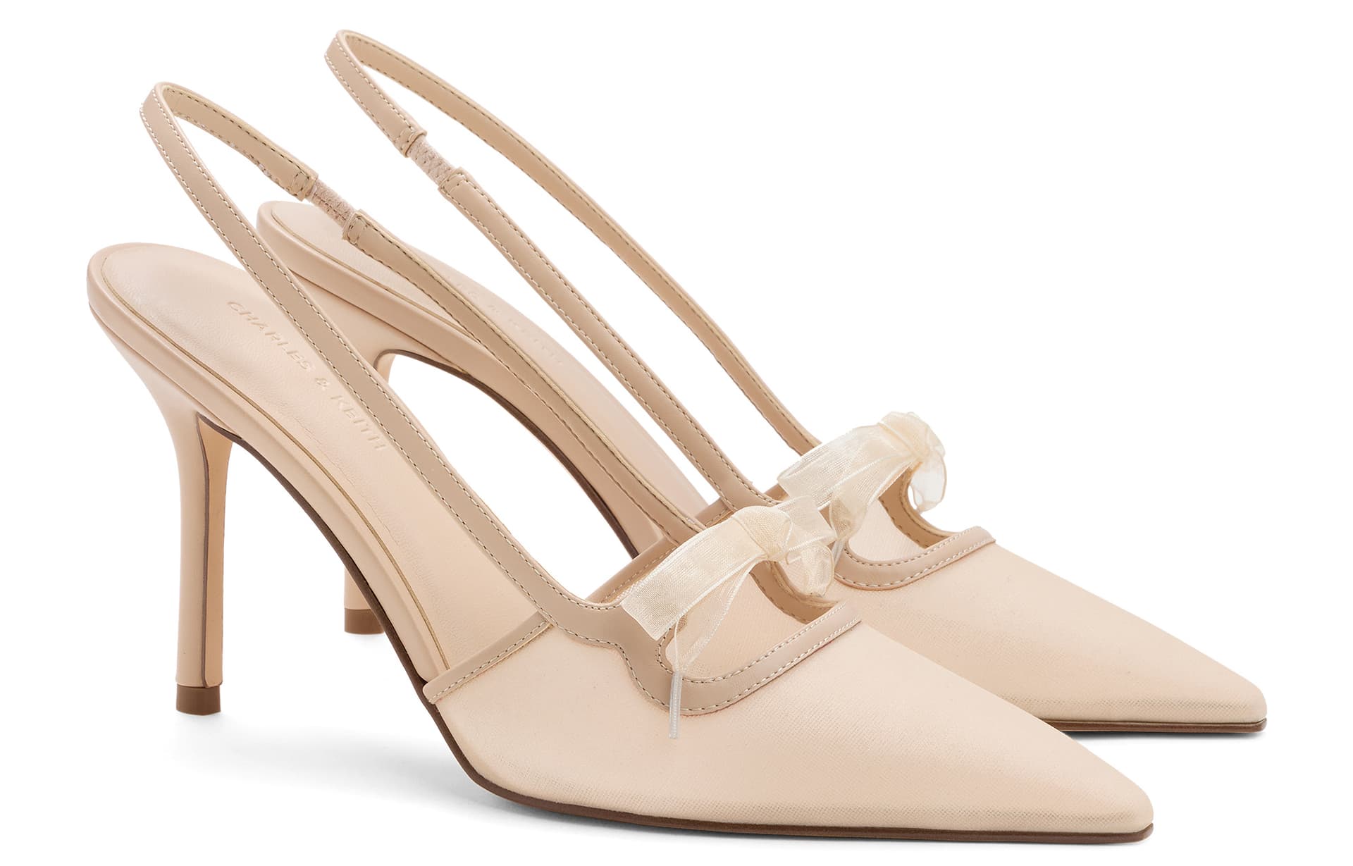 Туфли CHARLES&KEITH Весенние сандалии с острым носком и бантом на узком каблуке 9 см женские телесного цвета - изображение 2