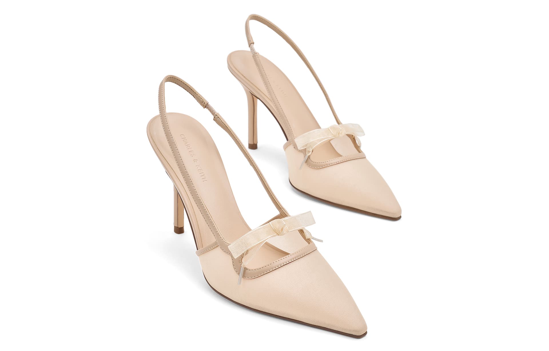 Туфли CHARLES&KEITH Весенние сандалии с острым носком и бантом на узком каблуке 9 см женские телесного цвета - изображение 3