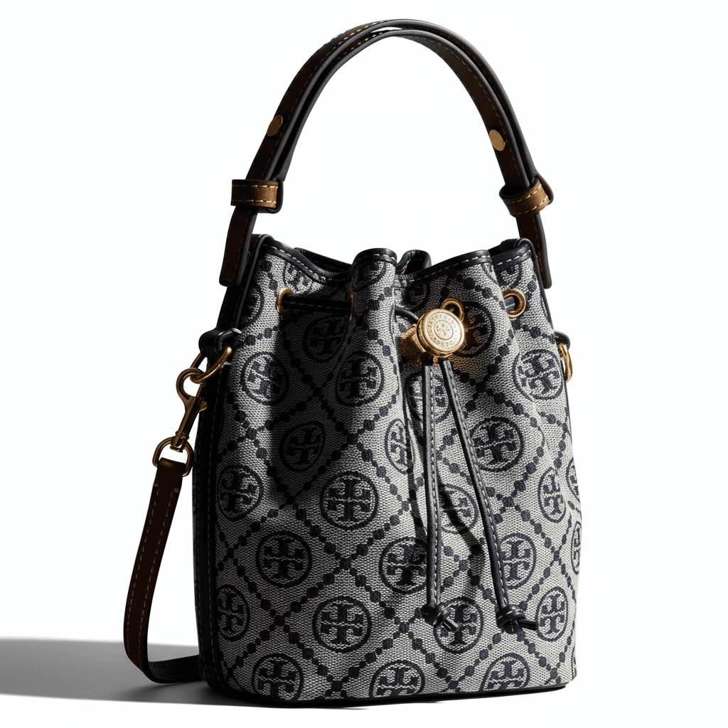 Сумка Tory Burch T Monogram Ткань с коровьей кожей Ведрообразная сумка Сумка через плечо Мини для женщин Морской синий и Серый - изображение 2