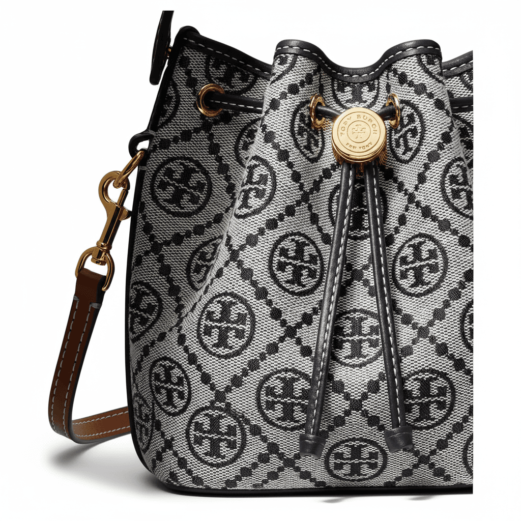 Сумка Tory Burch T Monogram Ткань с коровьей кожей Ведрообразная сумка Сумка через плечо Мини для женщин Морской синий и Серый - изображение 3