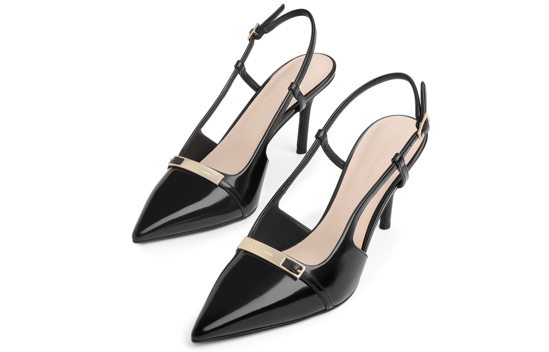 Туфли CHARLES&KEITH PU ткань Весна Металлическая пряжка Элегантный черный Заостренный носок Сандалии Узкий каблук Высокие каблуки 8см Женский - изображение 3