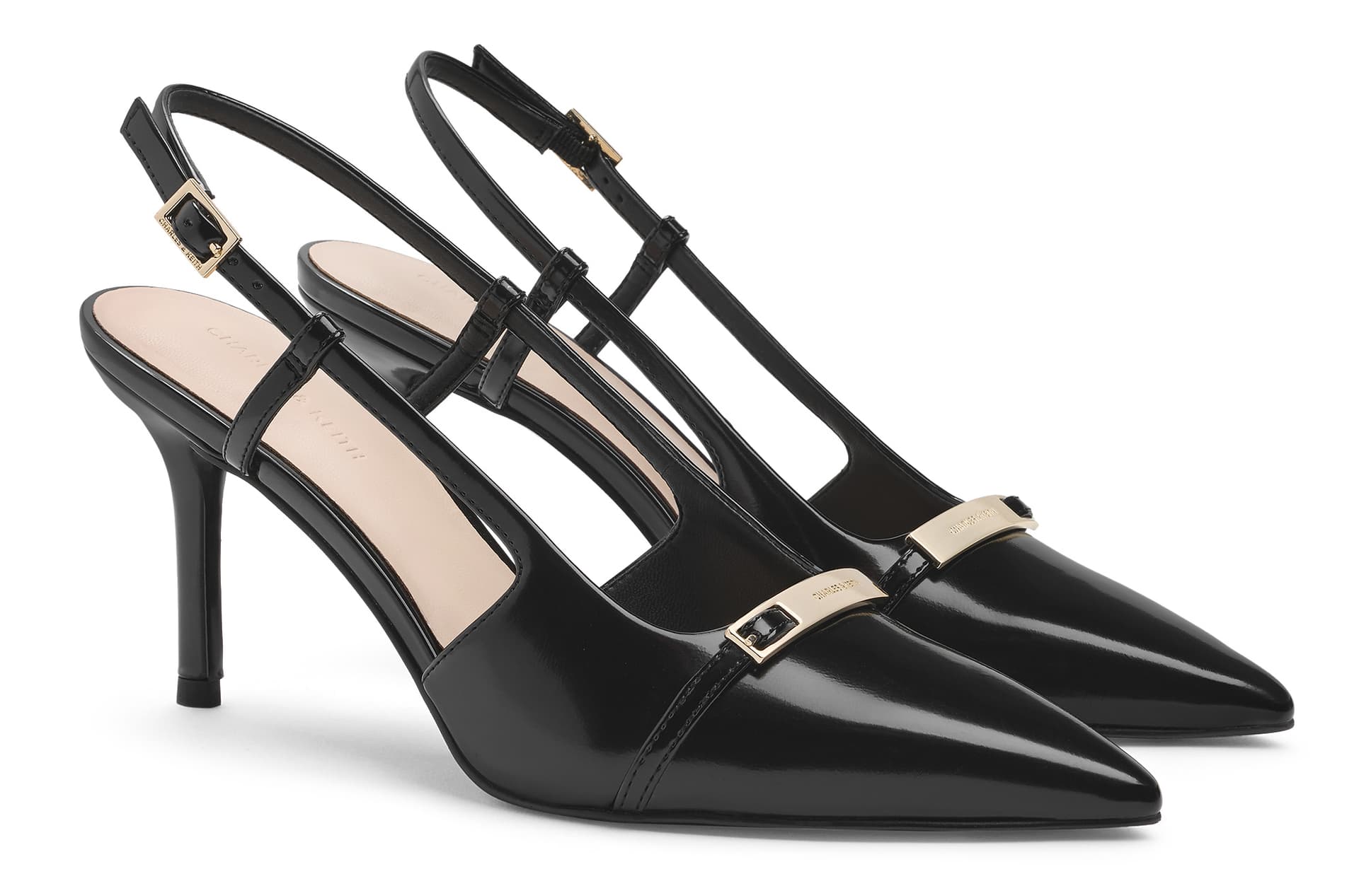 Туфли CHARLES&KEITH PU ткань Весна Металлическая пряжка Элегантный черный Заостренный носок Сандалии Узкий каблук Высокие каблуки 8см Женский - изображение 2