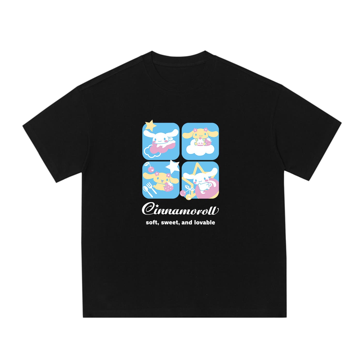 Футболка Sanrio x Cinnamoroll Американский винтаж Повседневный Универсальный Унисекс Футболка с круглым вырезом и спущенным плечом - изображение 1
