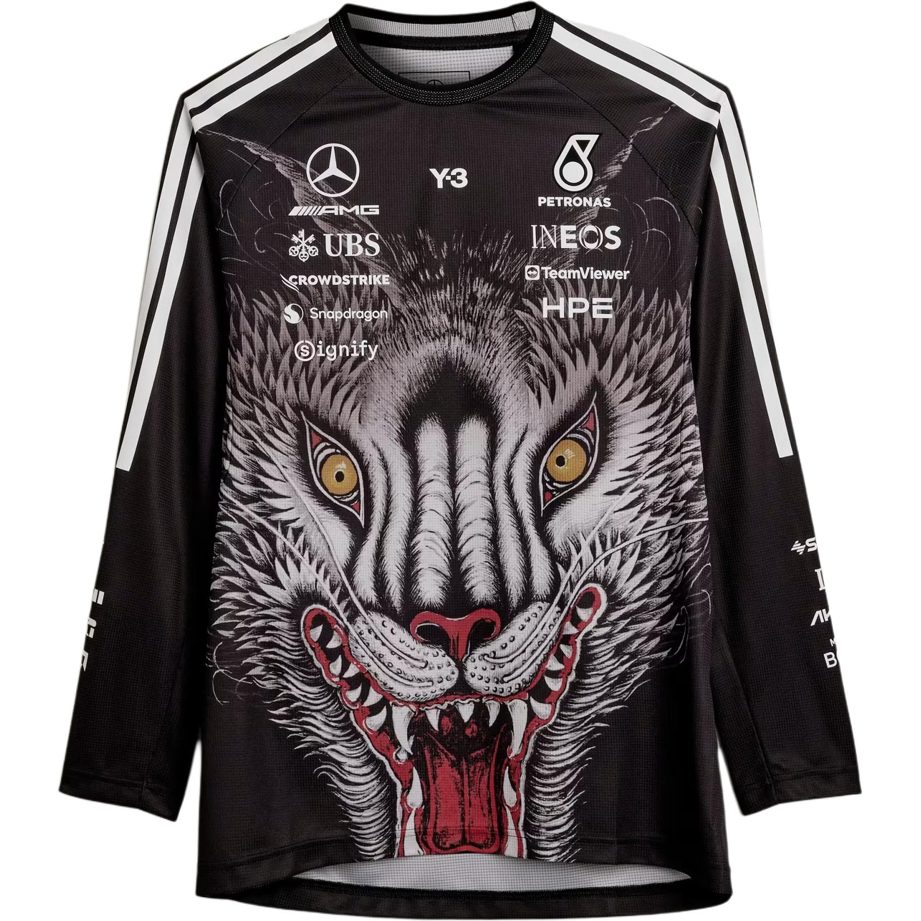 Футболка Y-3 x Mercedes-AMG Petronas F1 Team Совместная коллекция SS26 Petronas F1 printed striped top Принт с логотипом Круглый вырез Длинный рукав Мужской - изображение 1